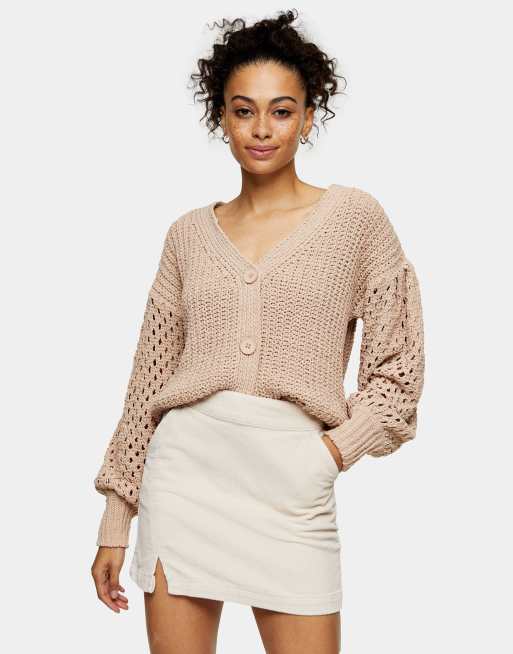 Topshop - Gonna in velluto a coste con spacco, color écru