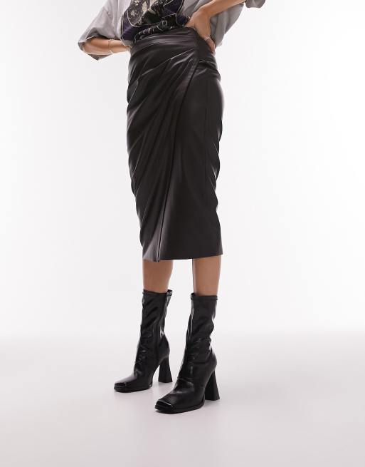 Topshop - Gonna longuette in pelle sintetica color cioccolato con dettaglio laterale