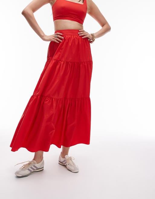 Topshop - Gonna lunga a balze rossa in taffetà in coordinato, 2 di 5