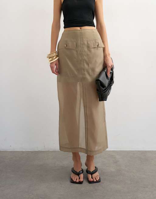 Topshop - Gonna lunga a colonna in organza marrone visone con tasche, 2 di 5