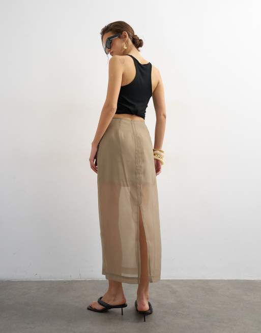 Topshop - Gonna lunga a colonna in organza marrone visone con tasche, 3 di 5