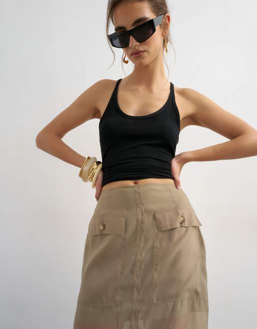 Topshop - Gonna lunga a colonna in organza marrone visone con tasche, 4 di 5