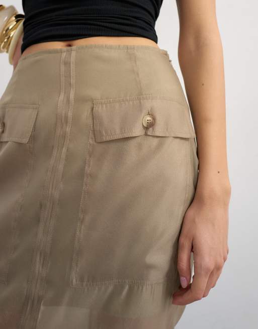 Topshop - Gonna lunga a colonna in organza marrone visone con tasche, 5 di 5