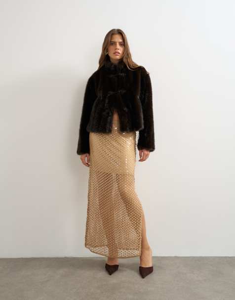 Topshop gonna lunga a colonna in rete con paillettes marrone - view 1