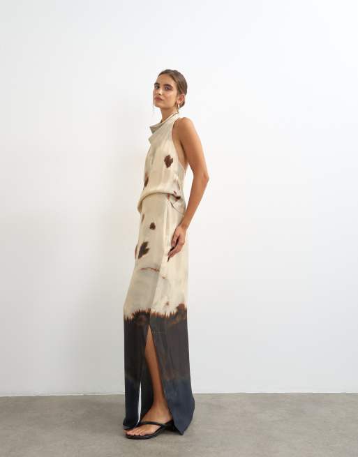 Topshop gonna lunga a colonna in satin con stampa astratta, coordinato, 3 di 5