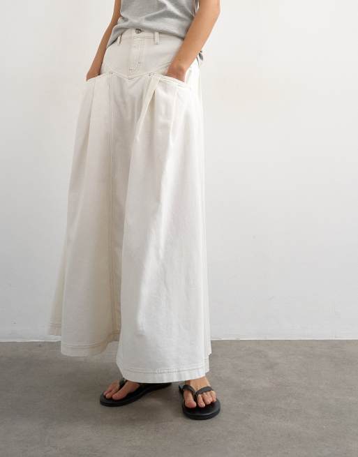 Topshop - Gonna lunga a pieghe in denim color osso, 2 di 5