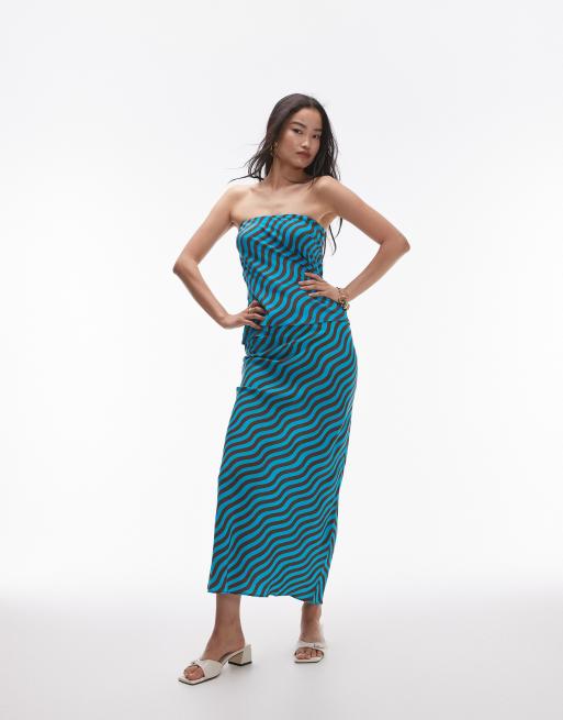 Topshop - Gonna lunga a righe ondulate turchese e marroni in coordinato