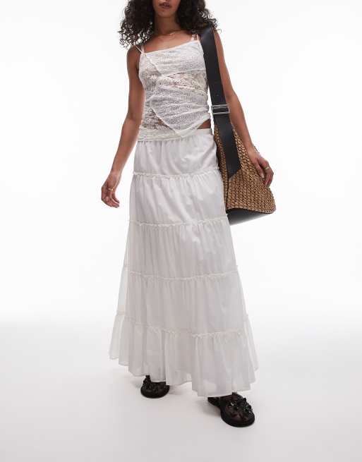 Topshop - Gonna lunga a ruota a balze stile western color avorio