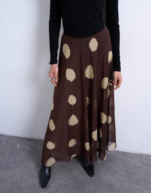 Topshop - Gonna lunga a ruota in chiffon color cioccolato a pois, 2 di 5