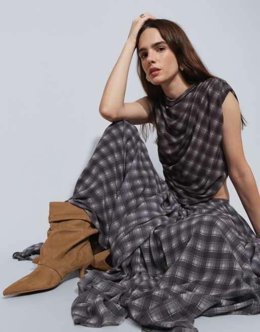 Topshop - Gonna lunga a ruota in chiffon viola a quadri in coordinato, 2 di 5