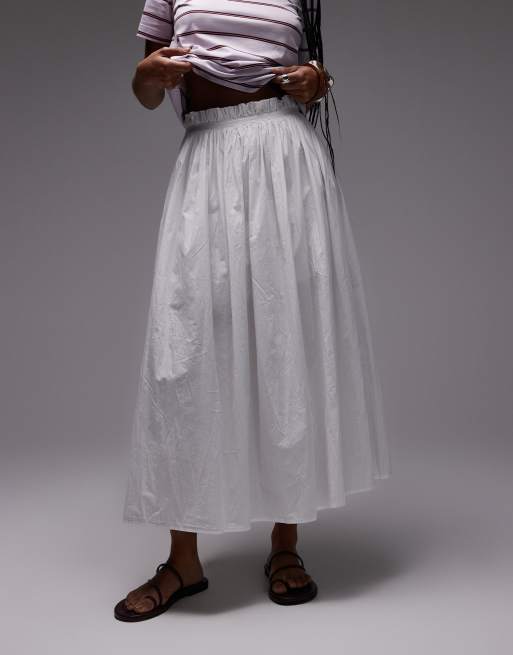 Topshop - Gonna lunga a ruota in cotone stropicciato color avorio