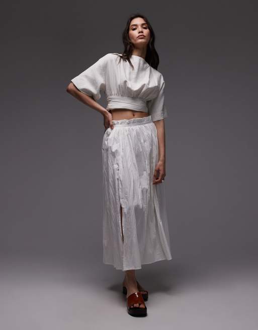 Topshop - Gonna lunga a ruota in cotone stropicciato color avorio