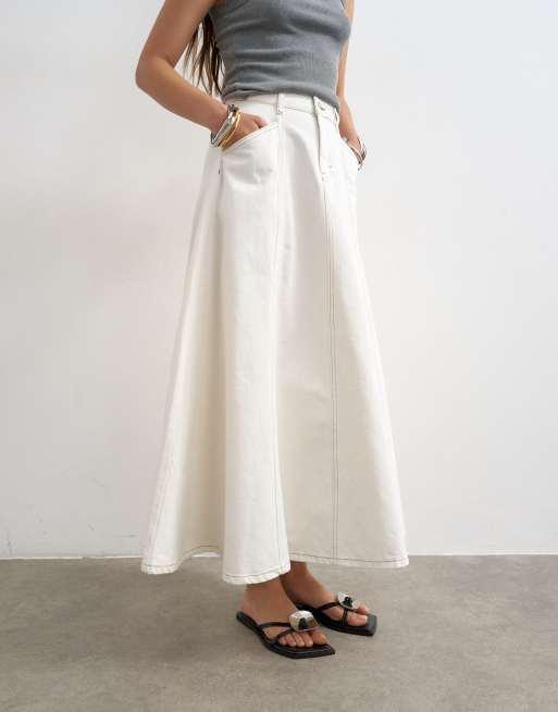 Topshop - Gonna lunga a ruota in denim bianco osso con cuciture, 2 di 5
