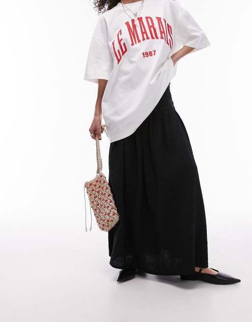Topshop - Gonna lunga a ruota nera con fascia in vita arricciata