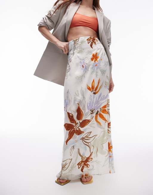 Topshop Gonna lunga a vita super alta con stampa tropicale a fiori multicolore ASOS