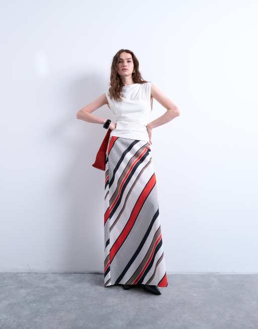 Topshop - Gonna lunga alla caviglia rossa e bianca a righe con taglio sbieco