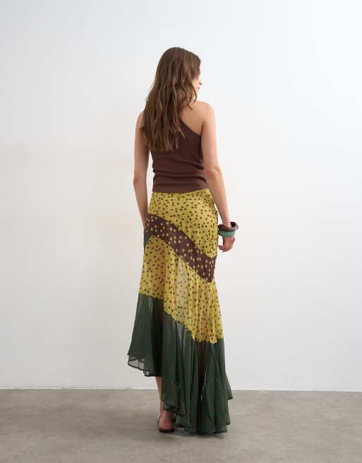Topshop - Gonna lunga asimmetrica a pannelli trasparenti verde e marrone a pois, 2 di 5
