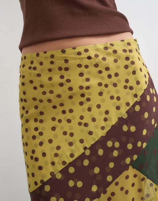 Topshop - Gonna lunga asimmetrica a pannelli trasparenti verde e marrone a pois, 3 di 5