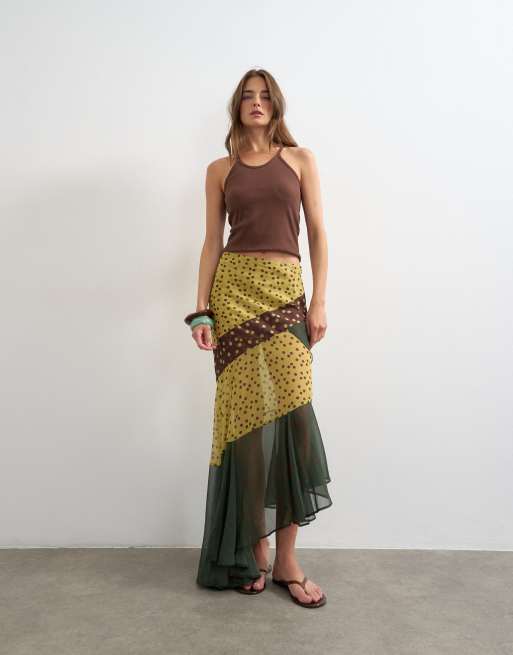 Topshop - Gonna lunga asimmetrica a pannelli trasparenti verde e marrone a pois, 4 di 5