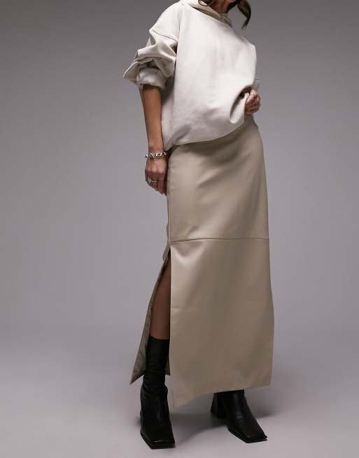 Topshop - Gonna lunga asimmetrica in pelle sintetica beige