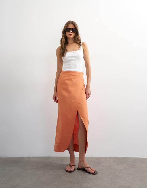 Topshop - Gonna lunga avvolgente in lino color argilla polvere