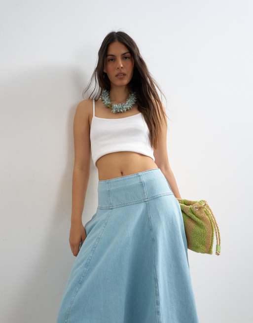 Topshop - Gonna lunga bombata in denim candeggiato ed écru con cuciture, 3 di 5
