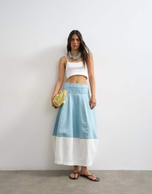 Topshop - Gonna lunga bombata in denim candeggiato ed écru con cuciture, 4 di 5
