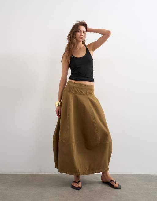 Topshop - Gonna lunga bombata in denim color cumino con cuciture, 1 di 5