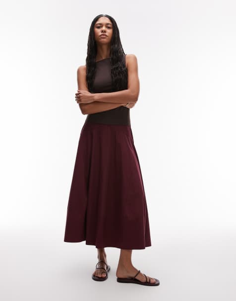 Topshop - Gonna lunga bordeaux con vita scesa e design combinato - view 1