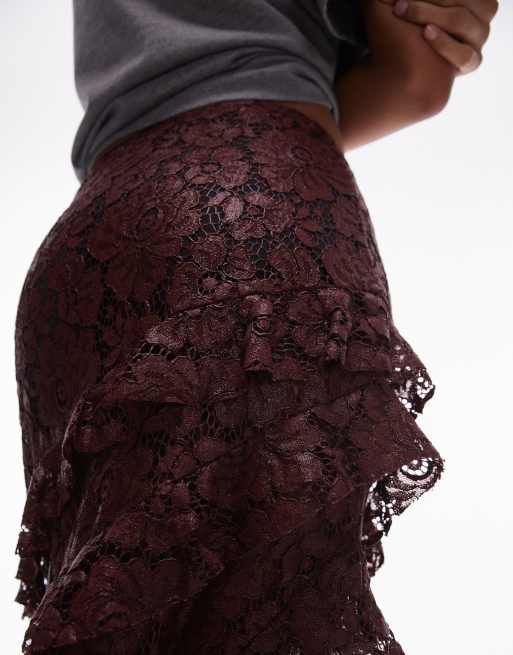 Topshop - Gonna lunga bordeaux in pizzo trasparente con volant, 4 di 5