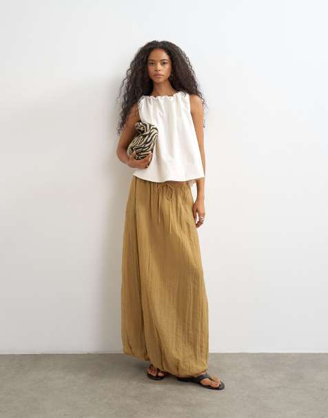 Topshop - Gonna lunga color cammello con fondo a palloncino stropicciato e laccio - view 1