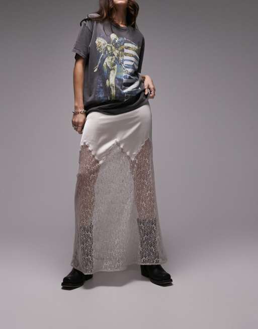 Topshop - Gonna lunga color ostrica in misto pizzo e raso 