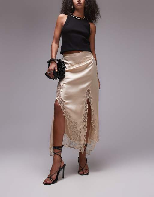 Topshop - Gonna lunga color ostrica in raso e pizzo