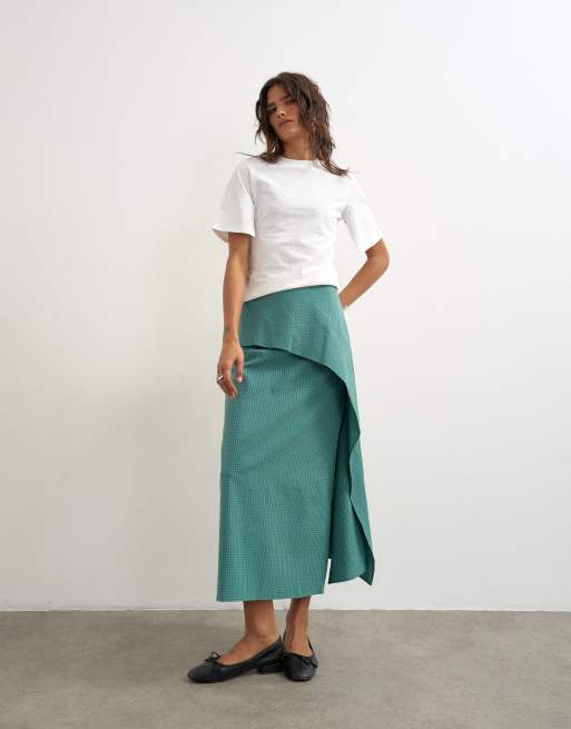 Topshop gonna lunga con dettaglio drappeggiato a quadri verde e blu, 1 di 5