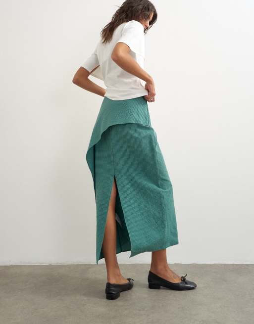 Topshop gonna lunga con dettaglio drappeggiato a quadri verde e blu, 4 di 5