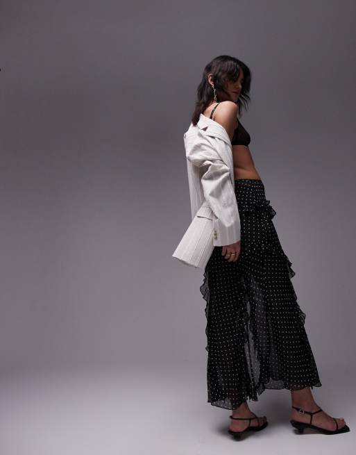 Topshop - Gonna lunga con stampa a pois monocromatici trasparente con volant