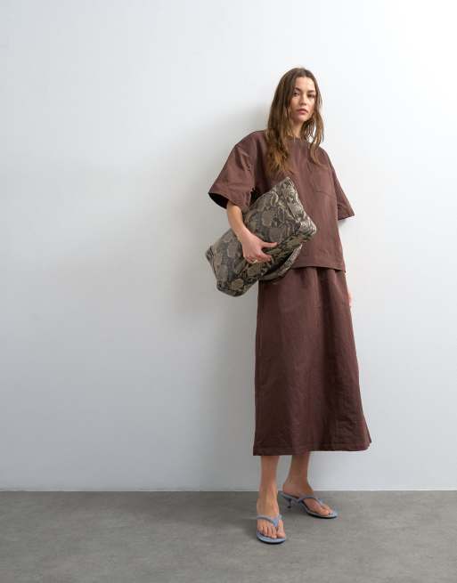 Topshop - Gonna lunga con vita elasticizzata color cioccolato