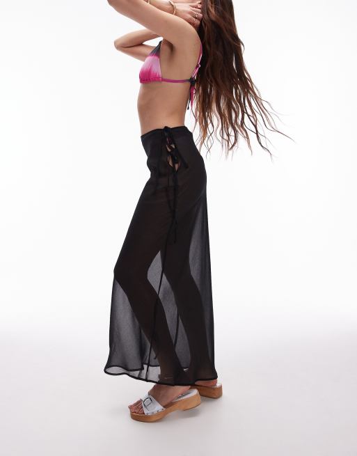 Topshop - Gonna lunga da mare nera trasparente con taglio sbieco