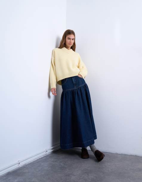HHNNL Gonna di Jeans Women's Vintage High Welf Welf A-Line Gonne Midi Svasata con Cinture Pieghettate di Gonna in Denim-Blu-Taglia Unica