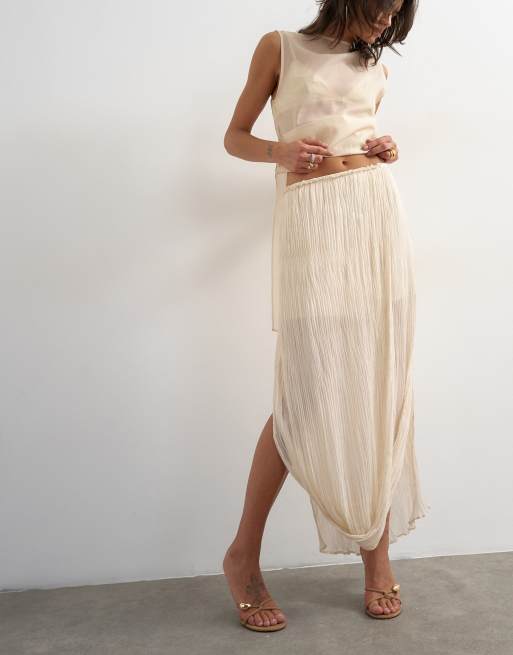 Topshop - Gonna lunga drappeggiata a pieghe color avorio, 2 di 5