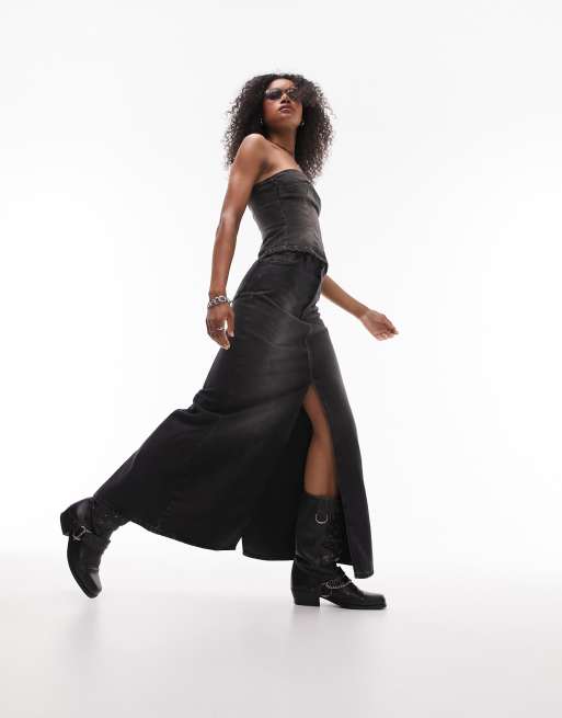 Topshop - Gonna lunga in denim nero slavato effetto sporco con doppio spacco laterale in coordinato