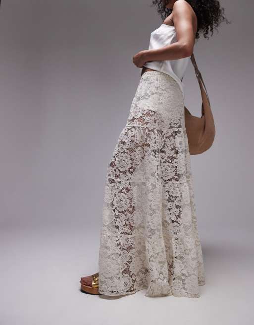 Topshop - Gonna lunga in pizzo a balze color avorio