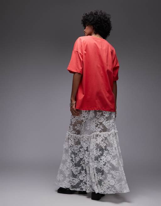 Topshop - Gonna lunga in pizzo trasparente color avorio con cuciture con volant, 3 di 5