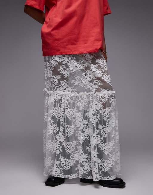 Topshop - Gonna lunga in pizzo trasparente color avorio con cuciture con volant, 5 di 5