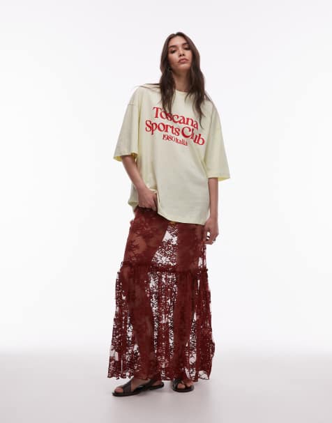 Topshop - Gonna lunga in pizzo trasparente marrone con cuciture con volant - view 1