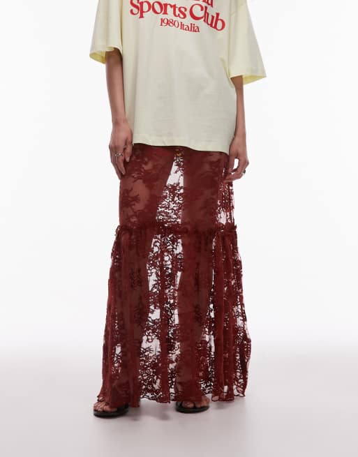 Topshop - Gonna lunga in pizzo trasparente marrone con cuciture con volant, 3 di 5
