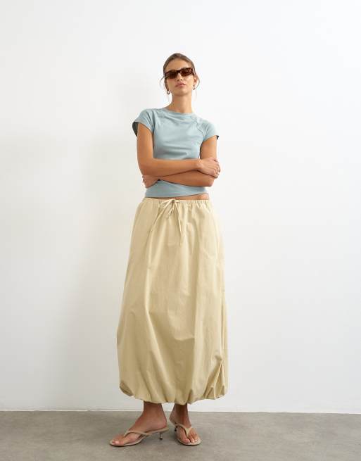 Topshop gonna lunga in popeline con orlo a palloncino color pietra