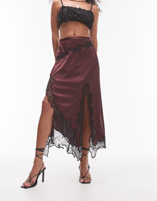 Topshop - Gonna lunga in raso bordeaux con dettagli in pizzo nero, 5 di 5