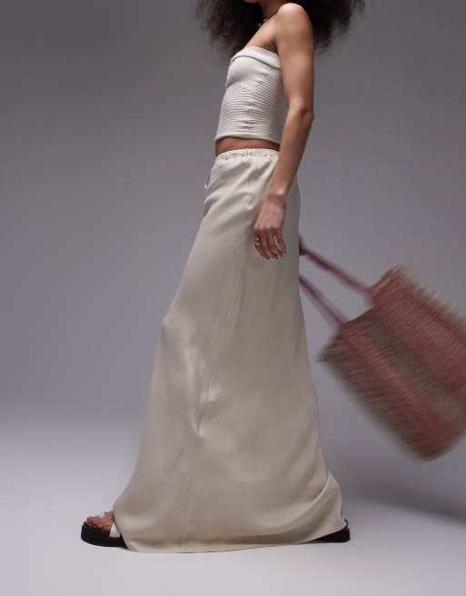 Topshop - Gonna lunga in raso color ostrica con coulisse e taglio sbieco 