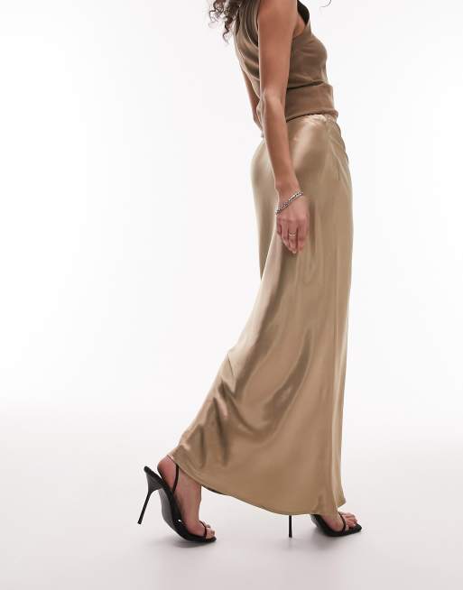 Topshop - Gonna lunga in raso color pietra con taglio sbieco